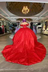 Off the Shoulder Beaded Tulle Quinceanera Dress in Sparkly Red