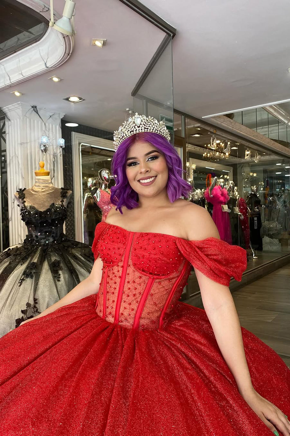 Off the Shoulder Beaded Tulle Quinceanera Dress in Sparkly Red