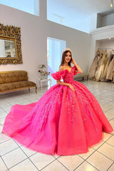 Off the Shoulder Hot Pink Tulle Quinceanera Dress with Sparkly Ruffle and Sequined Appliques