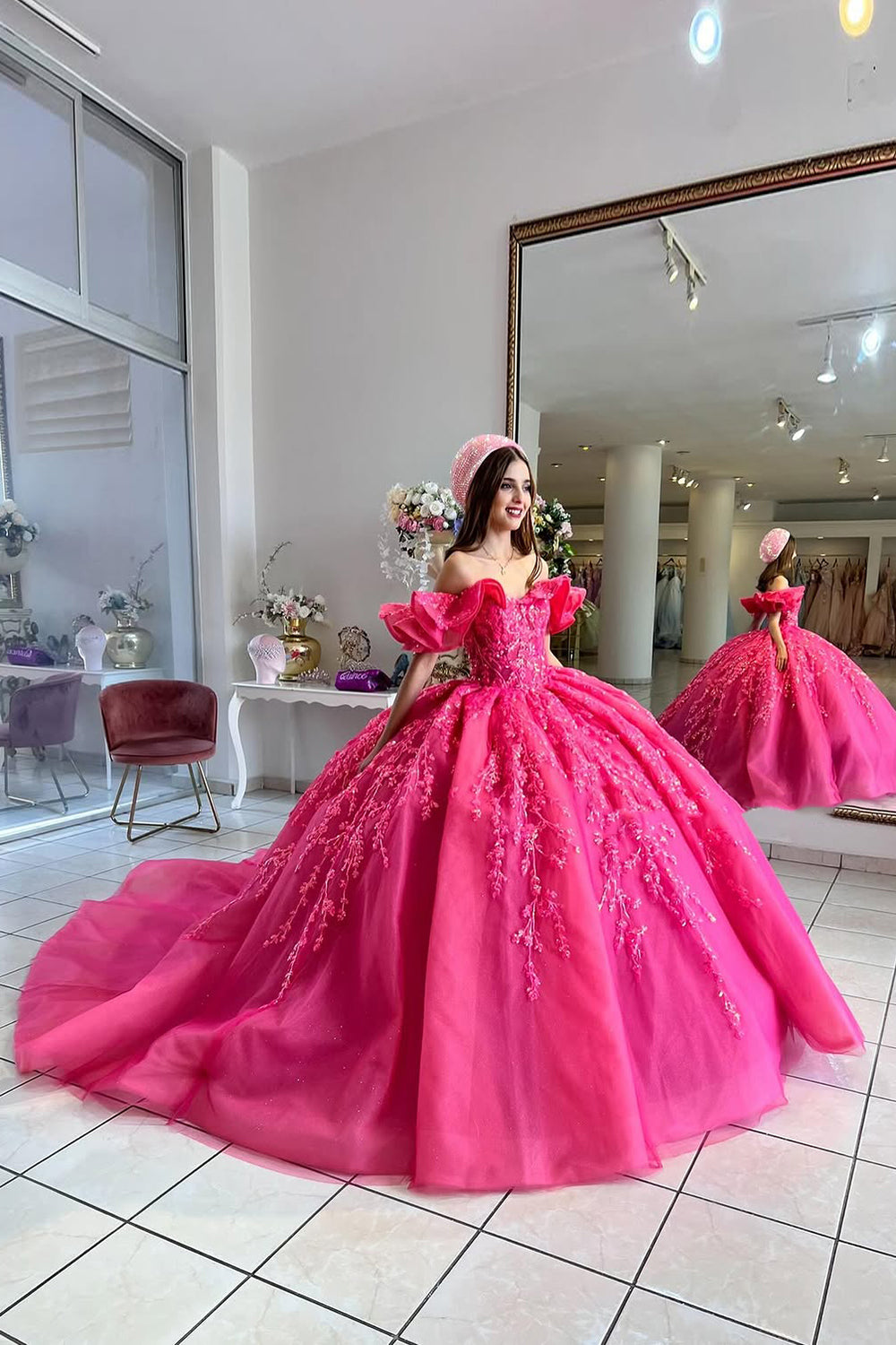 Off the Shoulder Hot Pink Tulle Quinceanera Dress with Sparkly Ruffle and Sequined Appliques