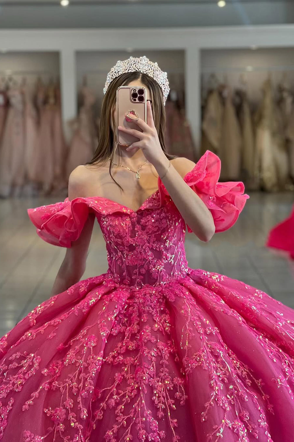 Off the Shoulder Hot Pink Tulle Quinceanera Dress with Sparkly Ruffle and Sequined Appliques