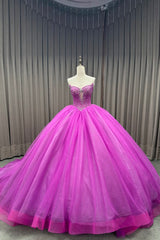 Beaded Fuchsia Tulle Quinceanera Dress with Sparkly Strapless Ball Gown