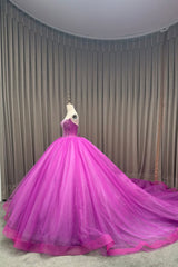 Beaded Fuchsia Tulle Quinceanera Dress with Sparkly Strapless Ball Gown