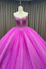 Beaded Fuchsia Tulle Quinceanera Dress with Sparkly Strapless Ball Gown