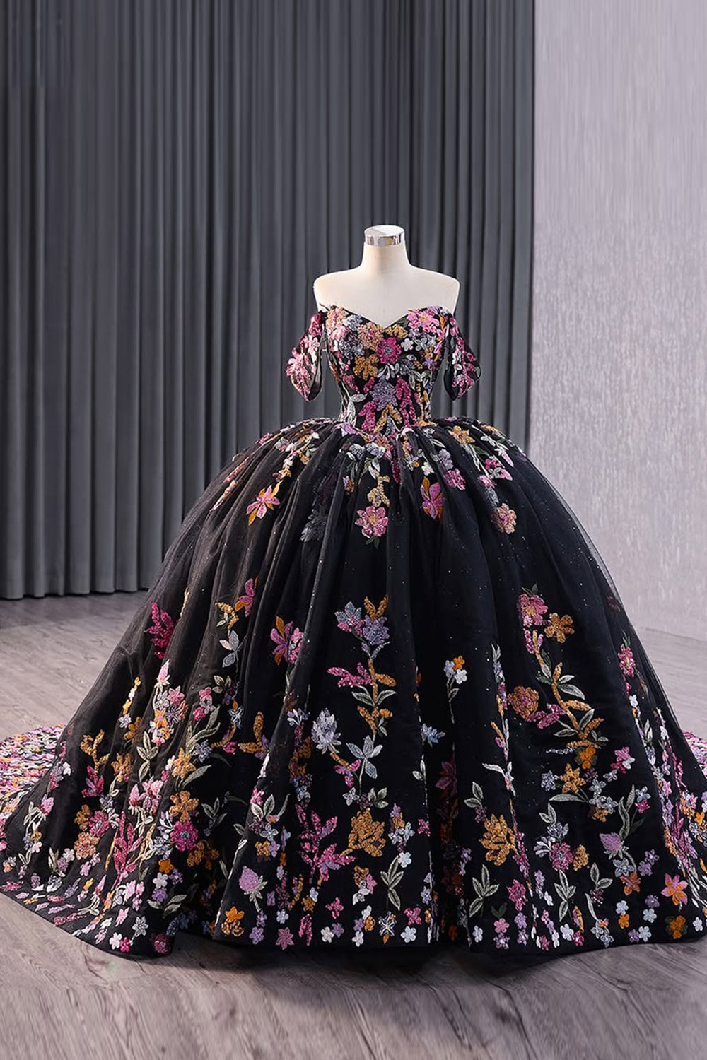 Princess Quinceanera Dress in Black with Off-the-Shoulder Sequin Applique and Embroidery