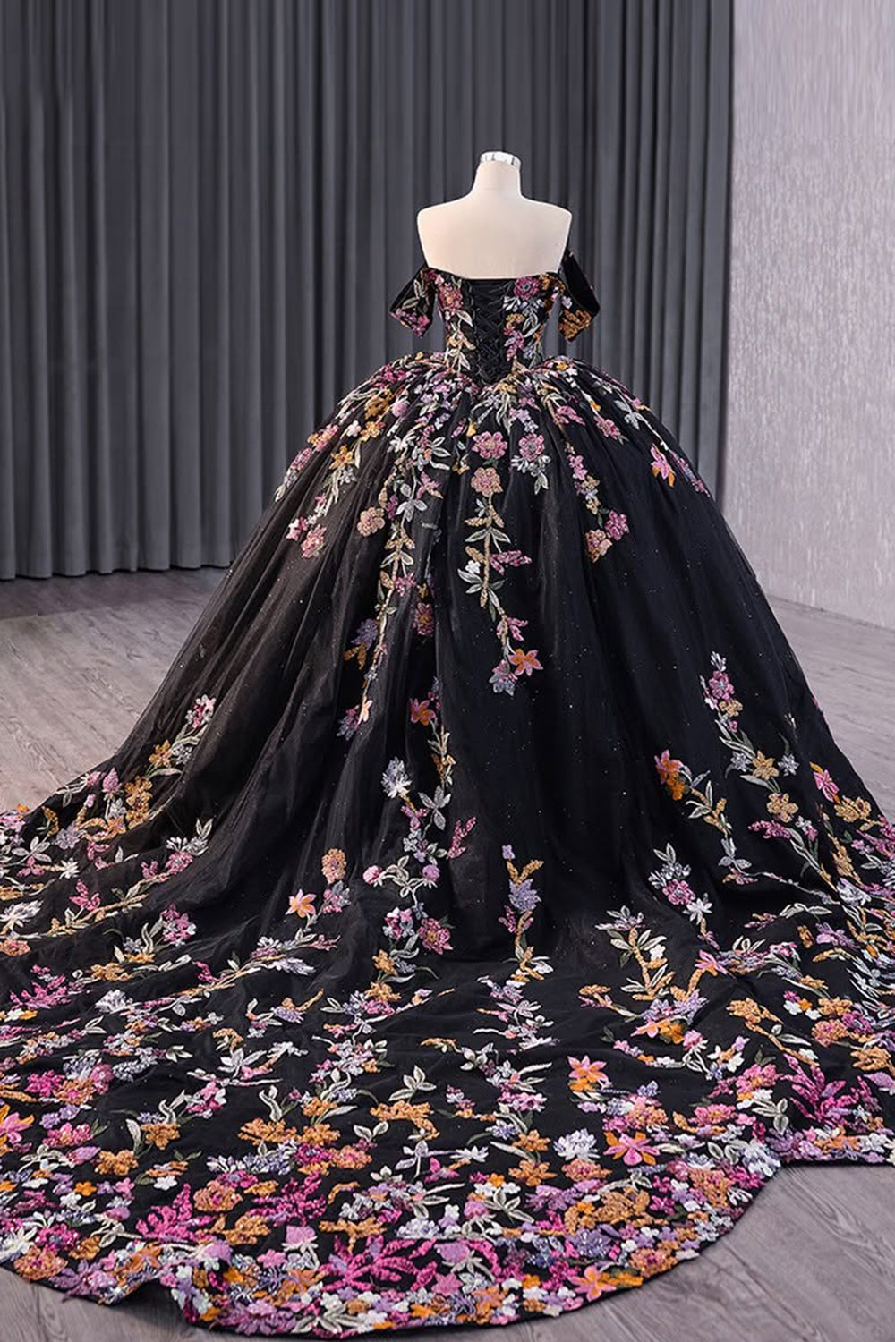 Princess Quinceanera Dress in Black with Off-the-Shoulder Sequin Applique and Embroidery