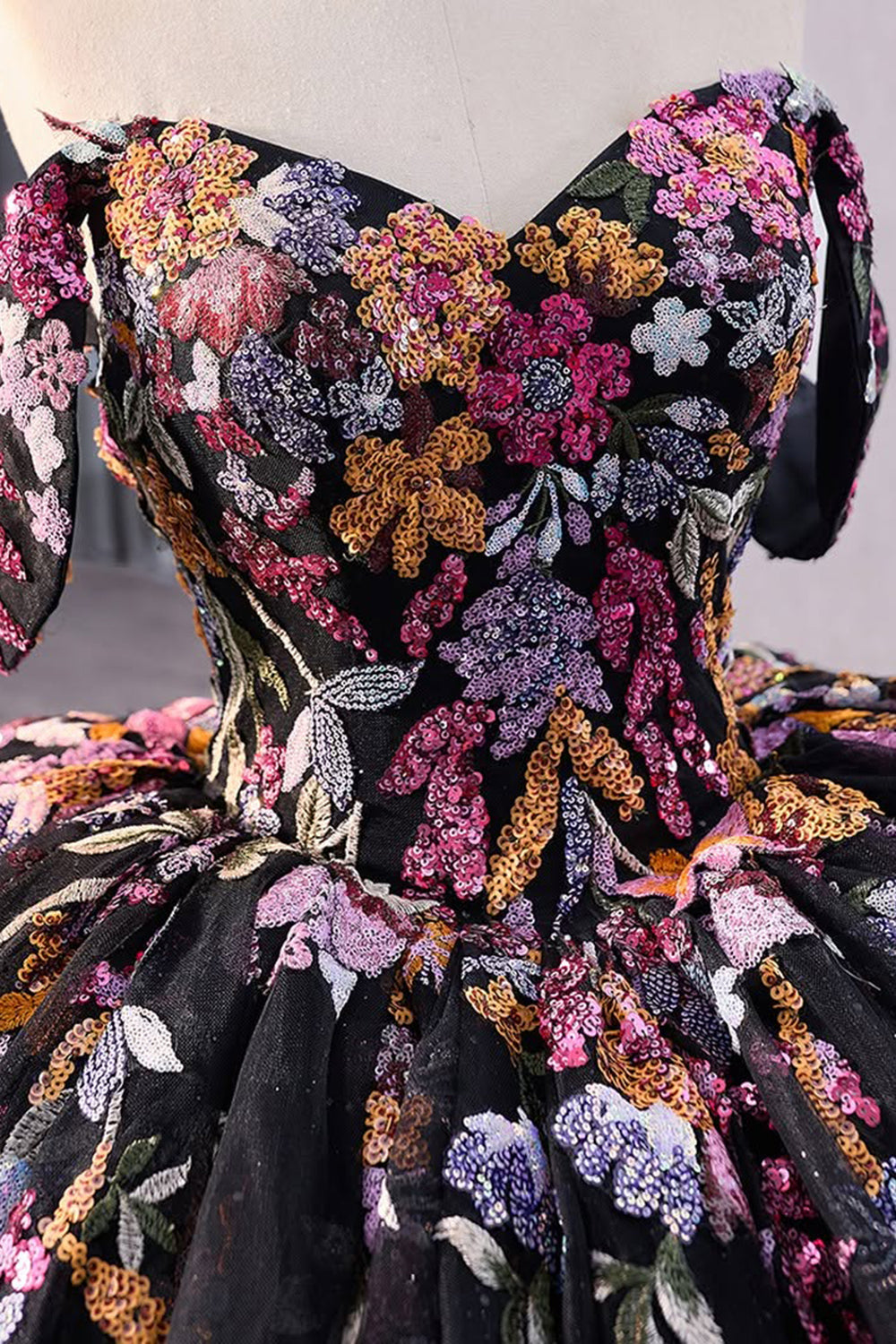 Princess Quinceanera Dress in Black with Off-the-Shoulder Sequin Applique and Embroidery