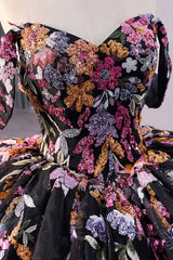 Princess Quinceanera Dress in Black with Off-the-Shoulder Sequin Applique and Embroidery