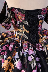 Princess Quinceanera Dress in Black with Off-the-Shoulder Sequin Applique and Embroidery