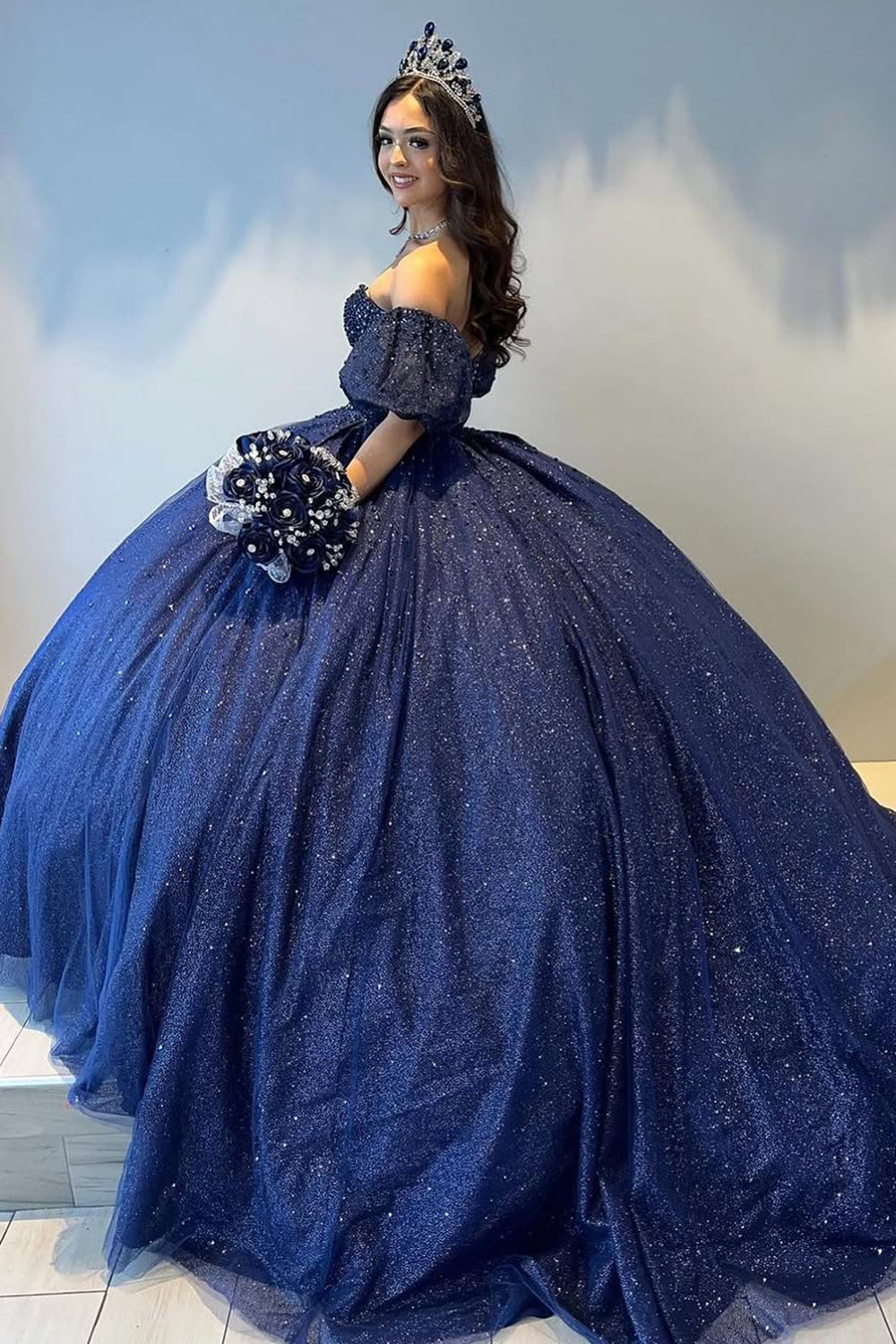Navy Off-the-Shoulder Princess Ball Gown with Rhinestones and Tulle for Quinceanera