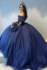 Navy Off-the-Shoulder Princess Ball Gown with Rhinestones and Tulle for Quinceanera