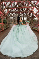 Green Off-the-Shoulder Princess Ball Gown with Floral Appliques for Quinceanera