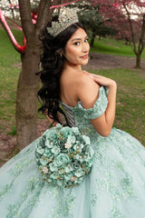 Green Off-the-Shoulder Princess Ball Gown with Floral Appliques for Quinceanera