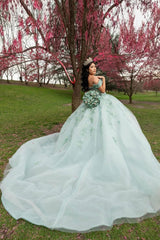 Green Off-the-Shoulder Princess Ball Gown with Floral Appliques for Quinceanera