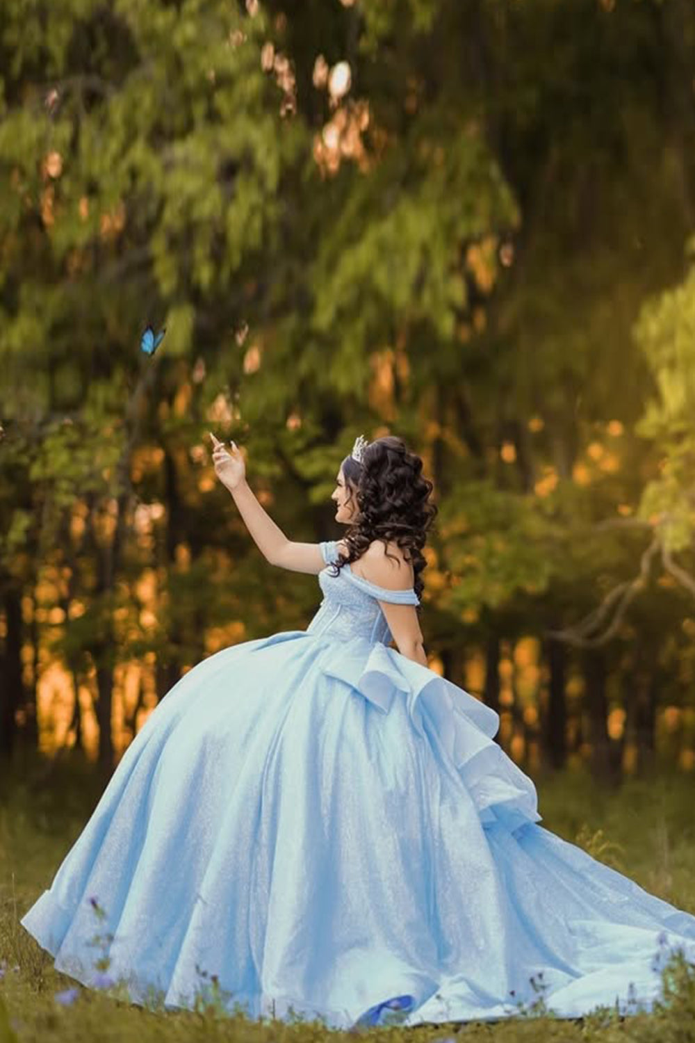 Off the Shoulder Sky Blue Sparkly Tulle Quinceanera Ball Gown with Train