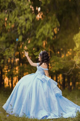Off the Shoulder Sky Blue Sparkly Tulle Quinceanera Ball Gown with Train