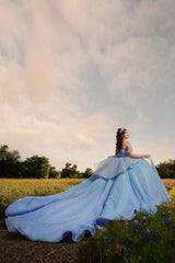 Off the Shoulder Sky Blue Sparkly Tulle Quinceanera Ball Gown with Train