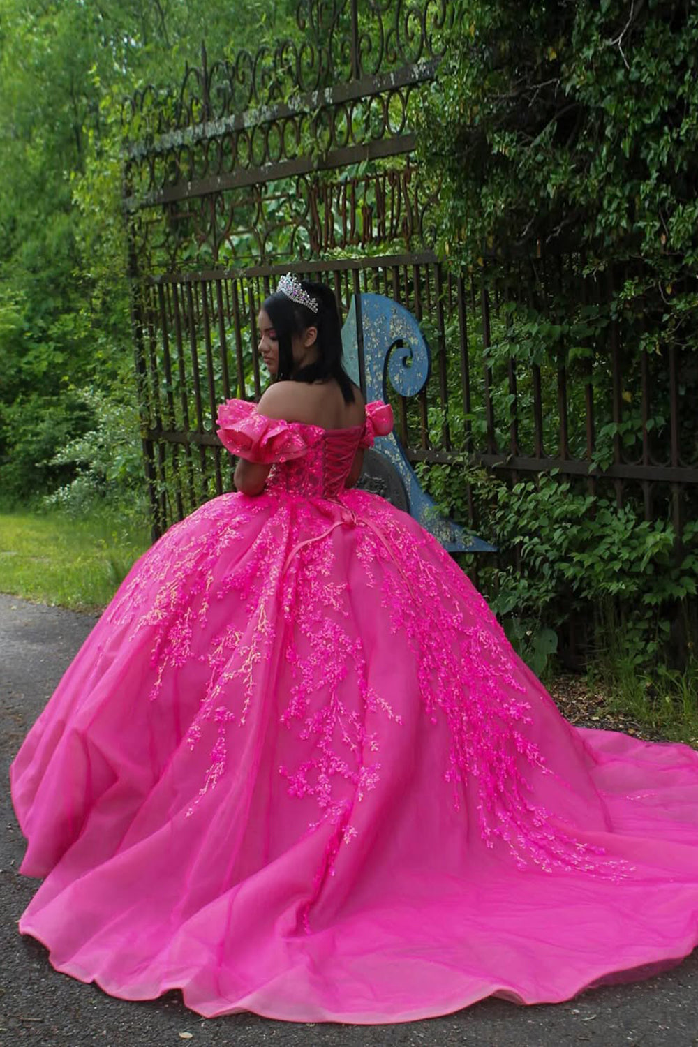 Off the Shoulder Fuchsia Ball Gown with Corset Applique for Quinceanera