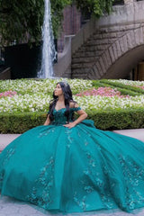 Off-the-Shoulder Peacock Green Ball Gown with Tulle Applique and Bow for Quinceanera