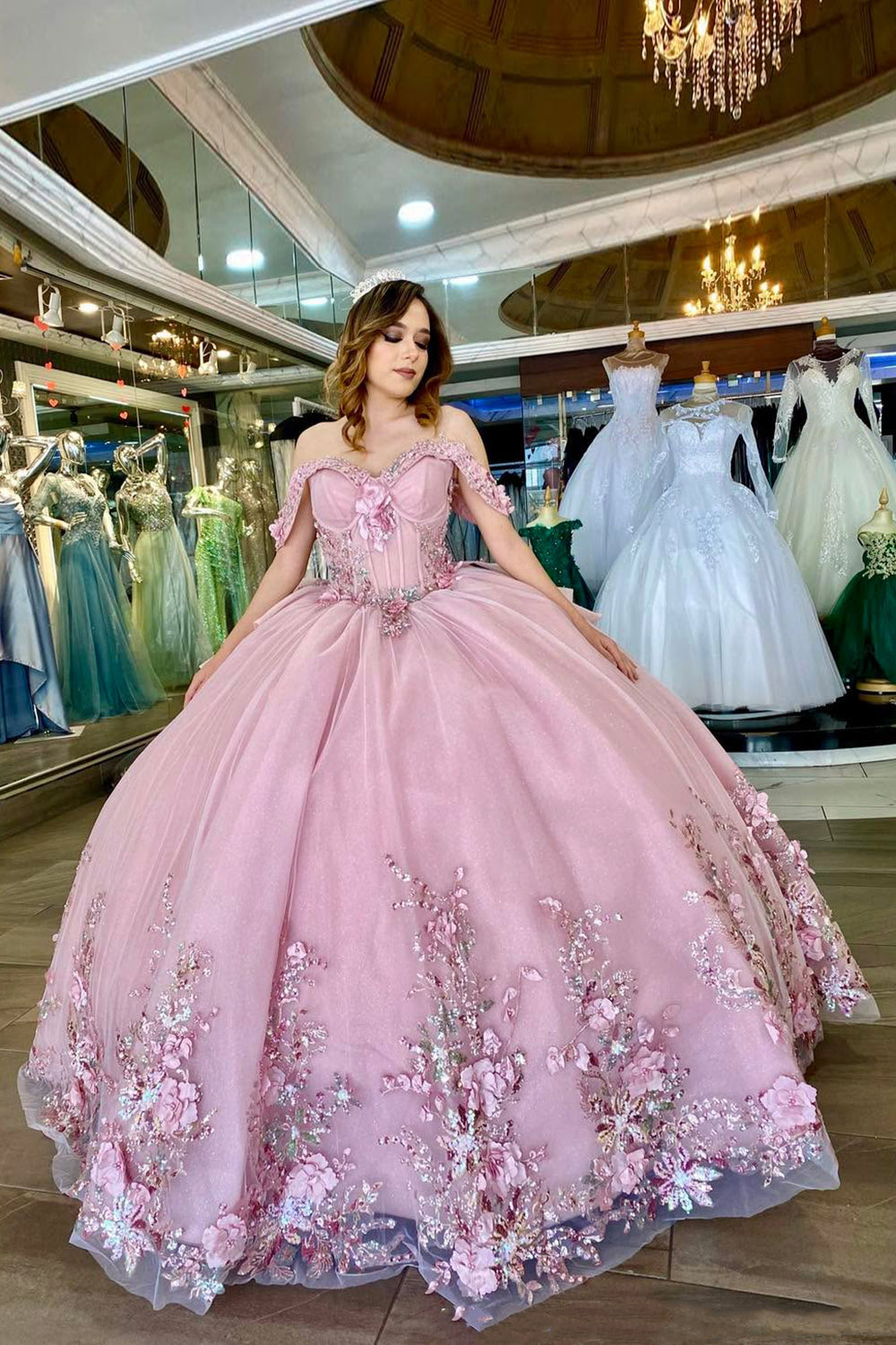 Off-the-Shoulder Ball Gown in Candy Pink with Floral Applique for Quinceanera