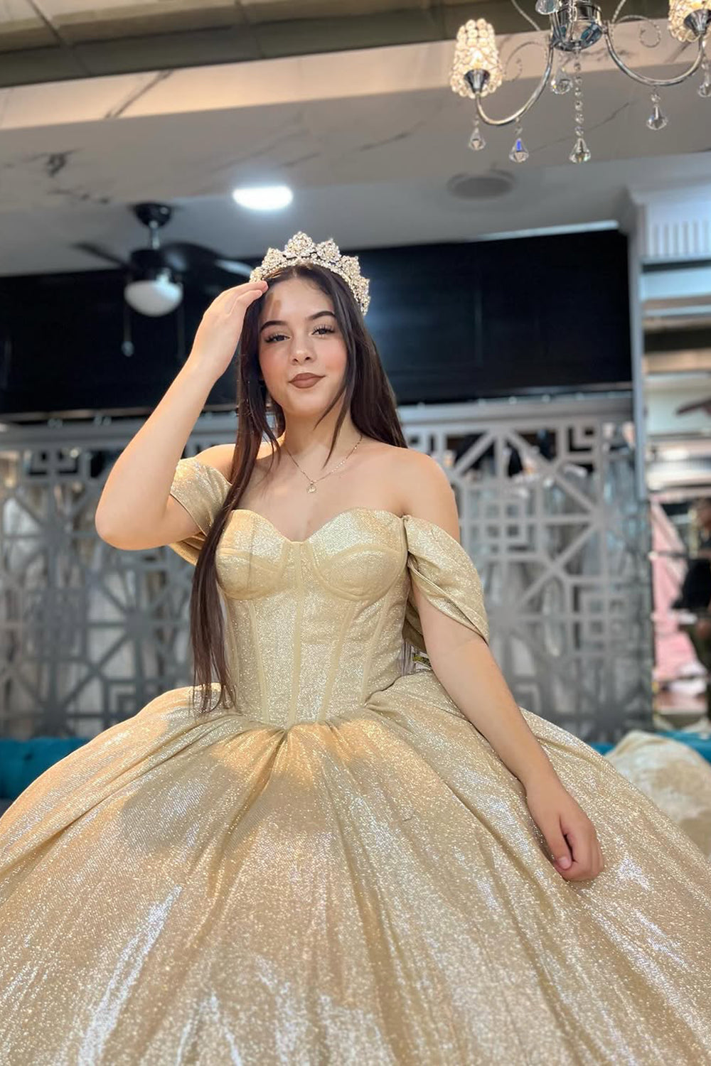 Golden Off-the-Shoulder Quinceanera Ball Gown with Sparkly Train