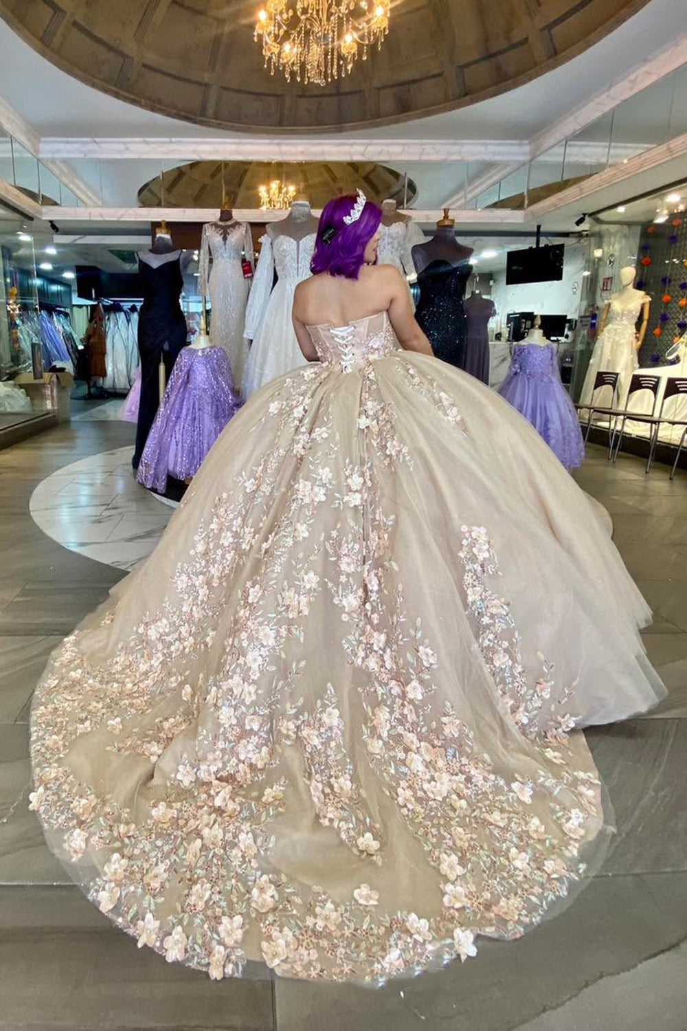 Beaded Quinceanera Dress with Train in Golden Sweetheart Princess Style