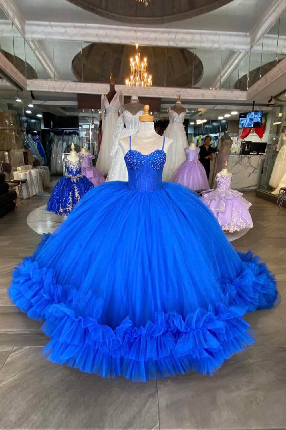 Quinceanera Dress in Royal Blue Tulle with Beading and Spaghetti Straps