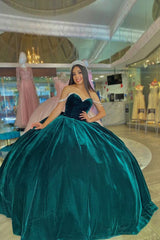 Off-the-Shoulder Velvet Quinceanera Gown in Peacock Green with a Bow