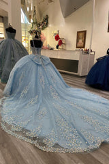 Princess Quinceanera Dress in Sparkly Sky Blue with Sequin Applique, Spaghetti Straps, and Tulle Bow