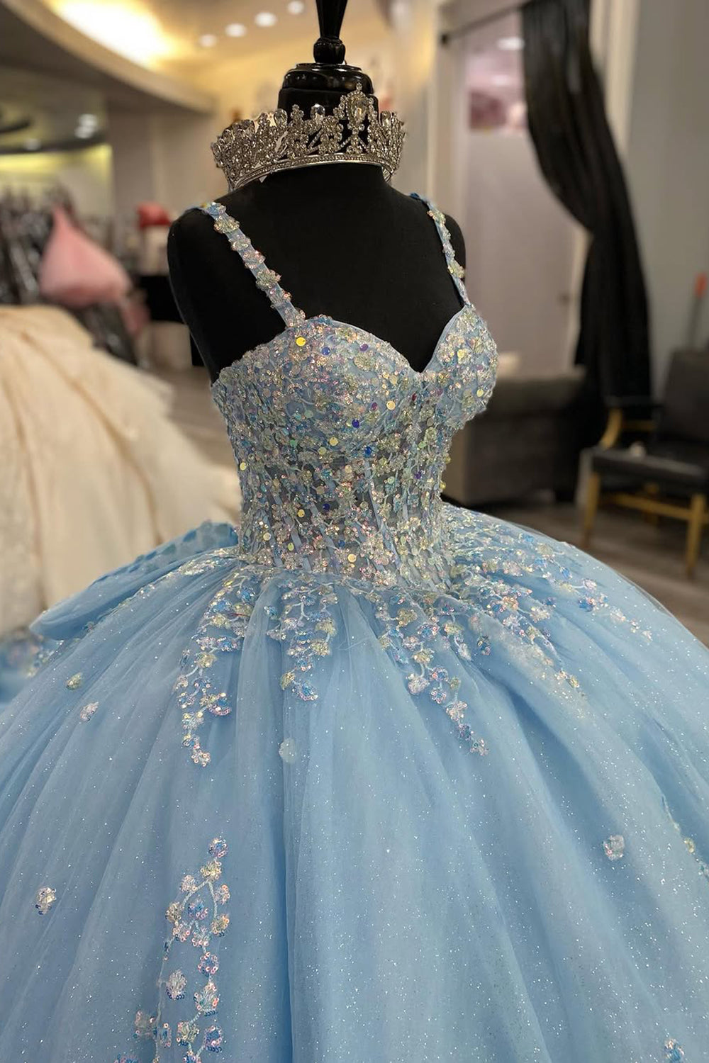 Princess Quinceanera Dress in Sparkly Sky Blue with Sequin Applique, Spaghetti Straps, and Tulle Bow