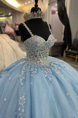 Princess Quinceanera Dress in Sparkly Sky Blue with Sequin Applique, Spaghetti Straps, and Tulle Bow
