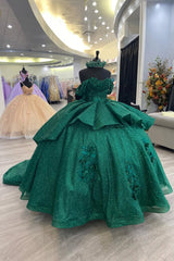 Off the Shoulder Pine Green Sparkly Ball Gown with Tulle Applique and Train for Quinceanera