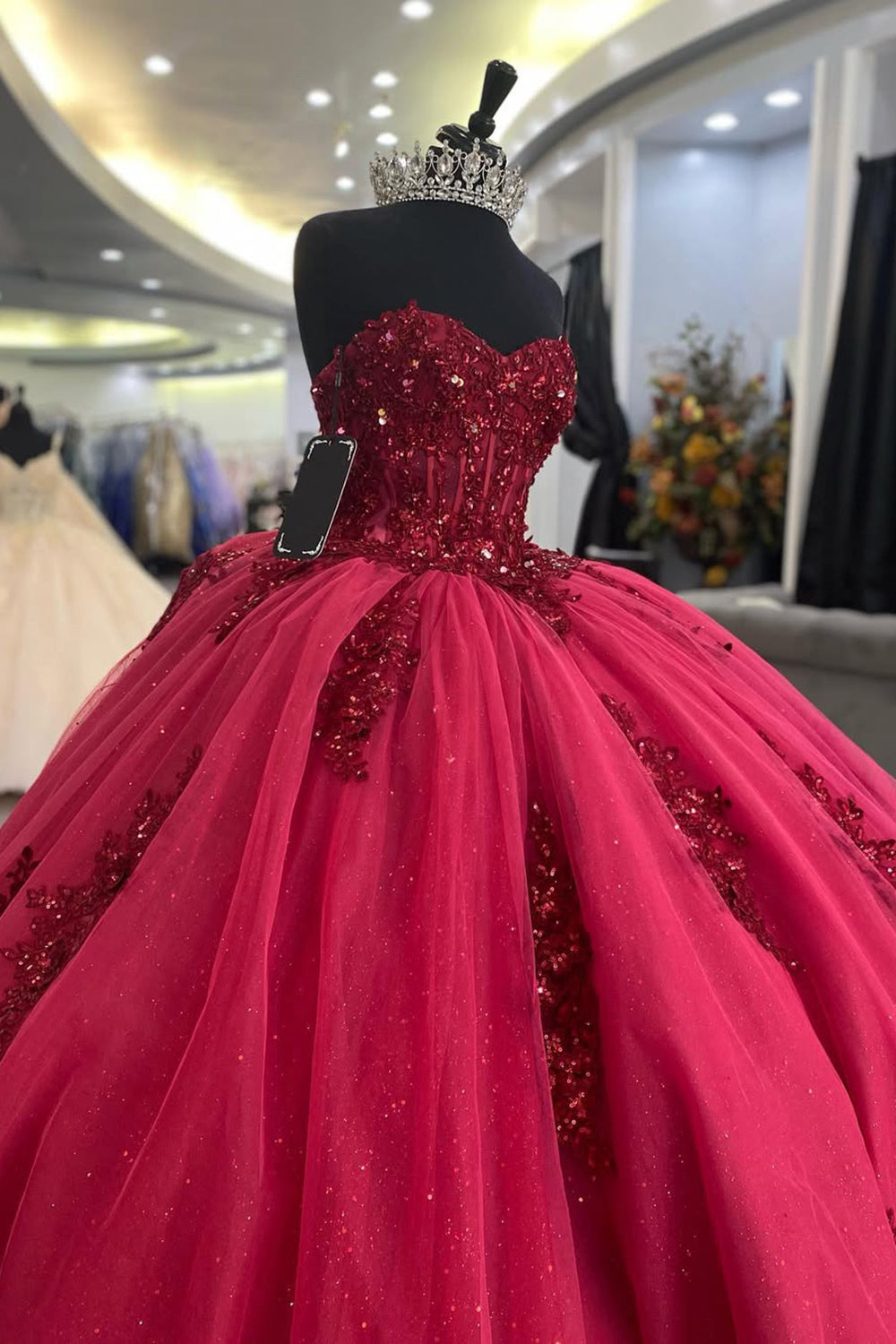 Sweetheart Ball Gown in Burgundy with Tulle Applique and Bow for Quinceanera