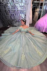 Off the Shoulder Sparkly Ball Gown in Dusty Sage with Bow Applique for Quinceanera