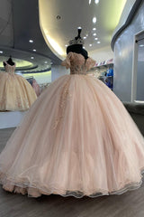 Off-the-Shoulder Quinceanera Ball Gown in Blush Pink Tulle with Appliques