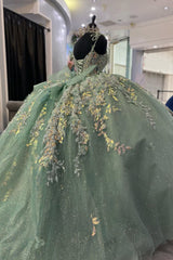 Dusty Sage Ball Gown with Sparkly Spaghetti Straps and Tulle Appliques for Quinceanera