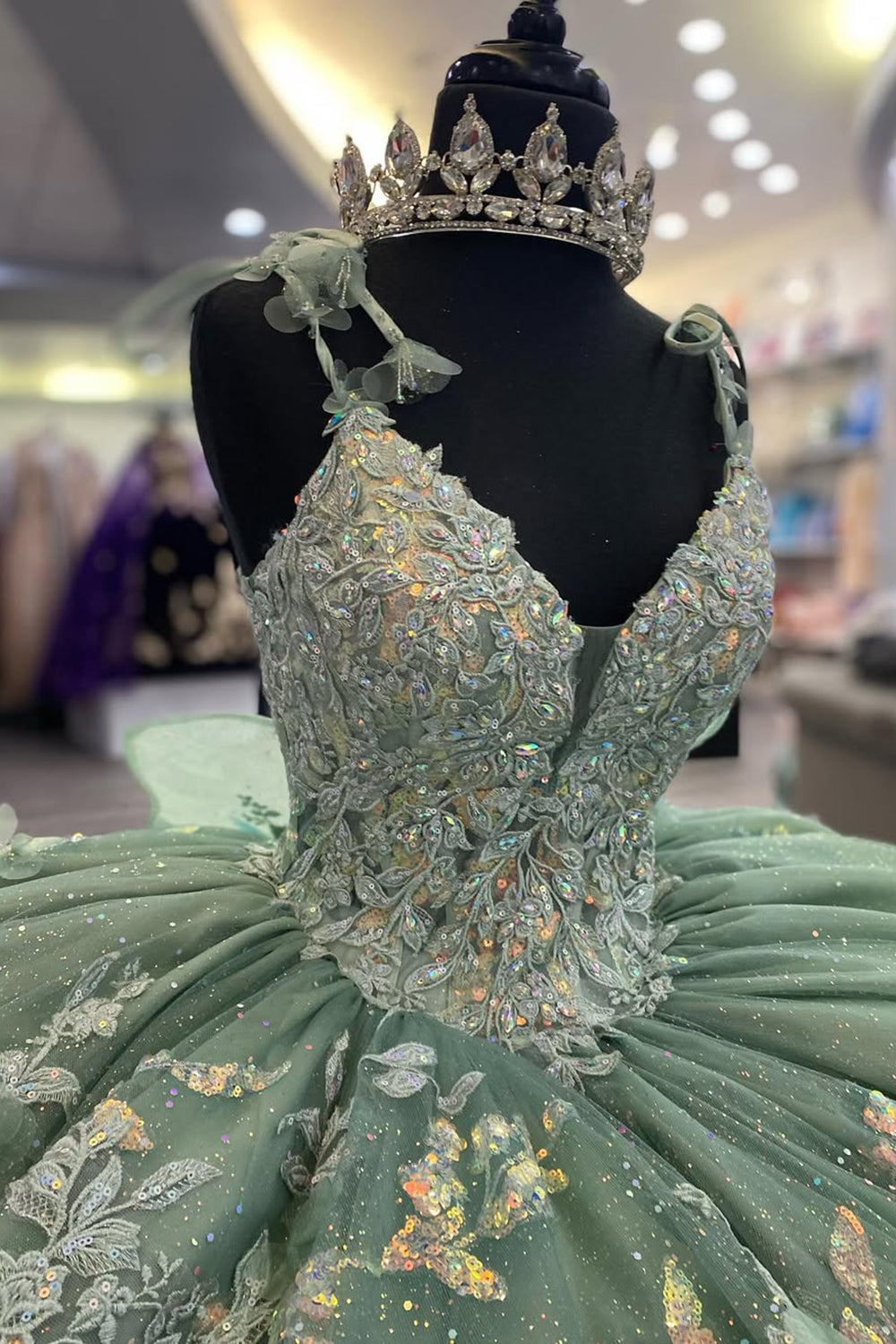 Dusty Sage Ball Gown with Sparkly Spaghetti Straps and Tulle Appliques for Quinceanera