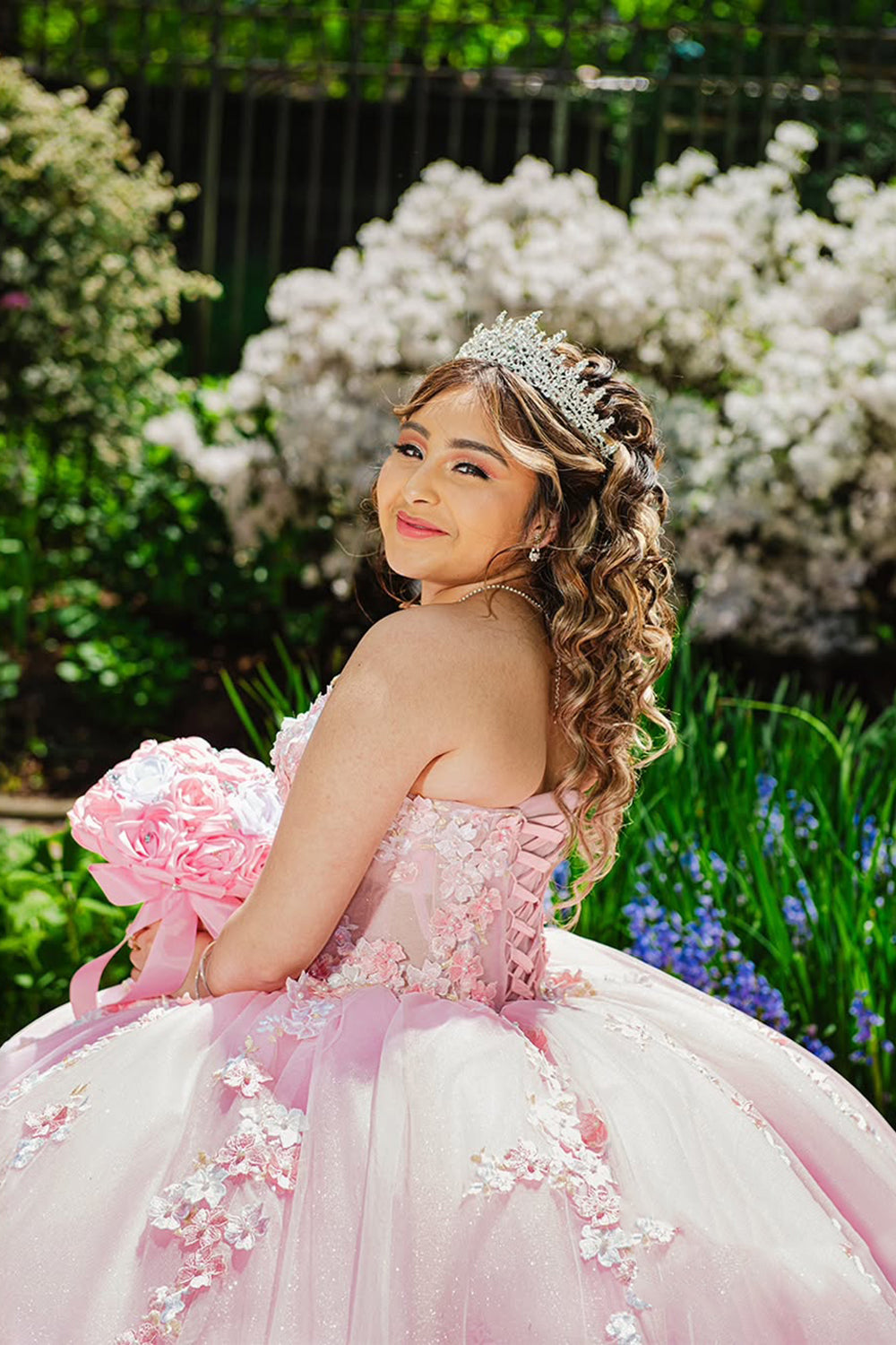 Sweetheart Ball Gown in Blush Tulle with Flower Appliques for Quinceanera