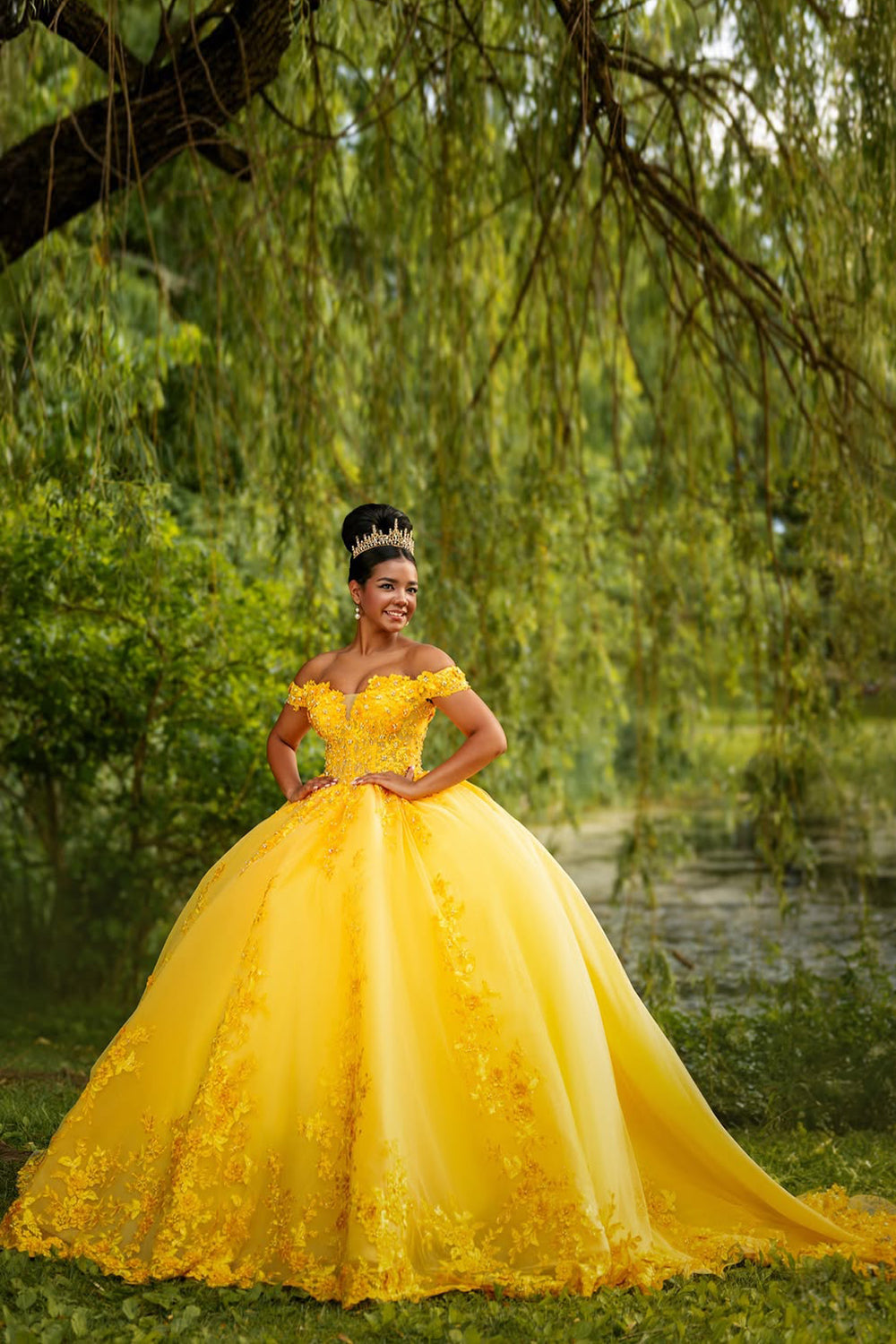 Quinceanera Ball Gown in Yellow with Off-Shoulder Tulle and Appliques