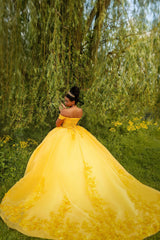 Quinceanera Ball Gown in Yellow with Off-Shoulder Tulle and Appliques