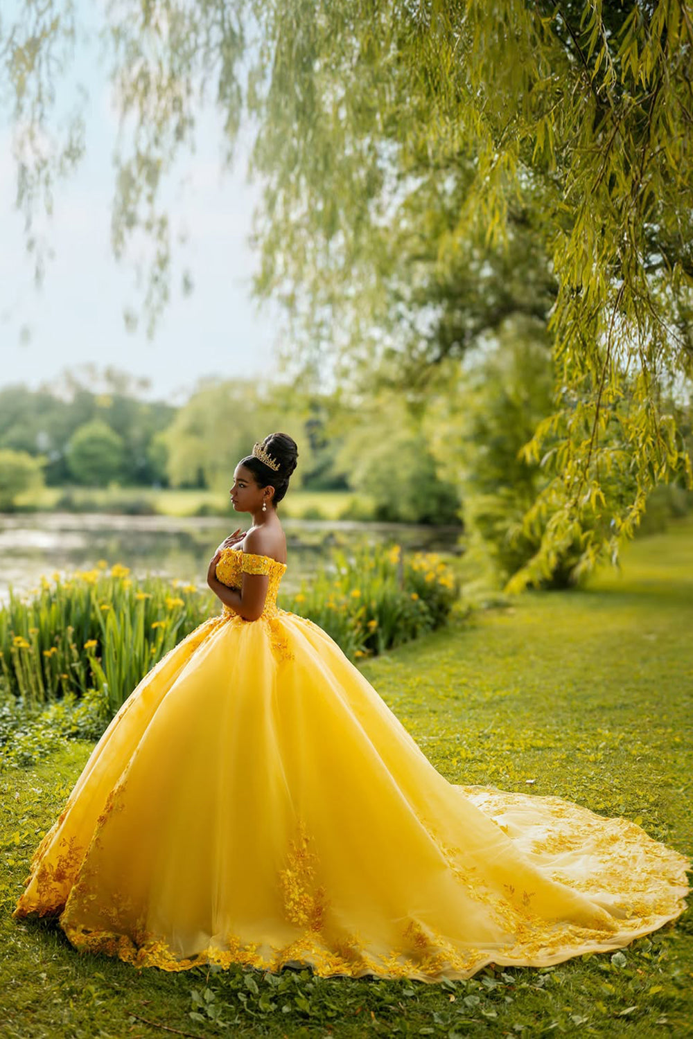 Quinceanera Ball Gown in Yellow with Off-Shoulder Tulle and Appliques