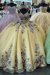 Tulle Quinceanera Ball Gown with Yellow Spaghetti Straps and Floral Appliques