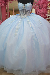 Sweetheart Ball Gown in Sky Blue with Tulle Applique and Bow for Quinceanera