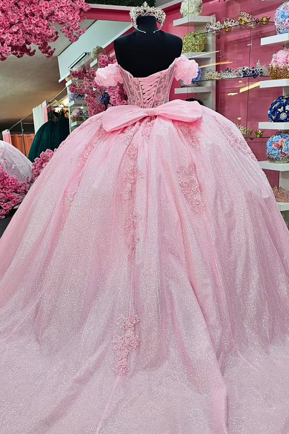Off-the-Shoulder Blush Pink Ball Gown with Tulle Applique and Corset for Quinceanera