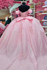 Off-the-Shoulder Blush Pink Ball Gown with Tulle Applique and Corset for Quinceanera