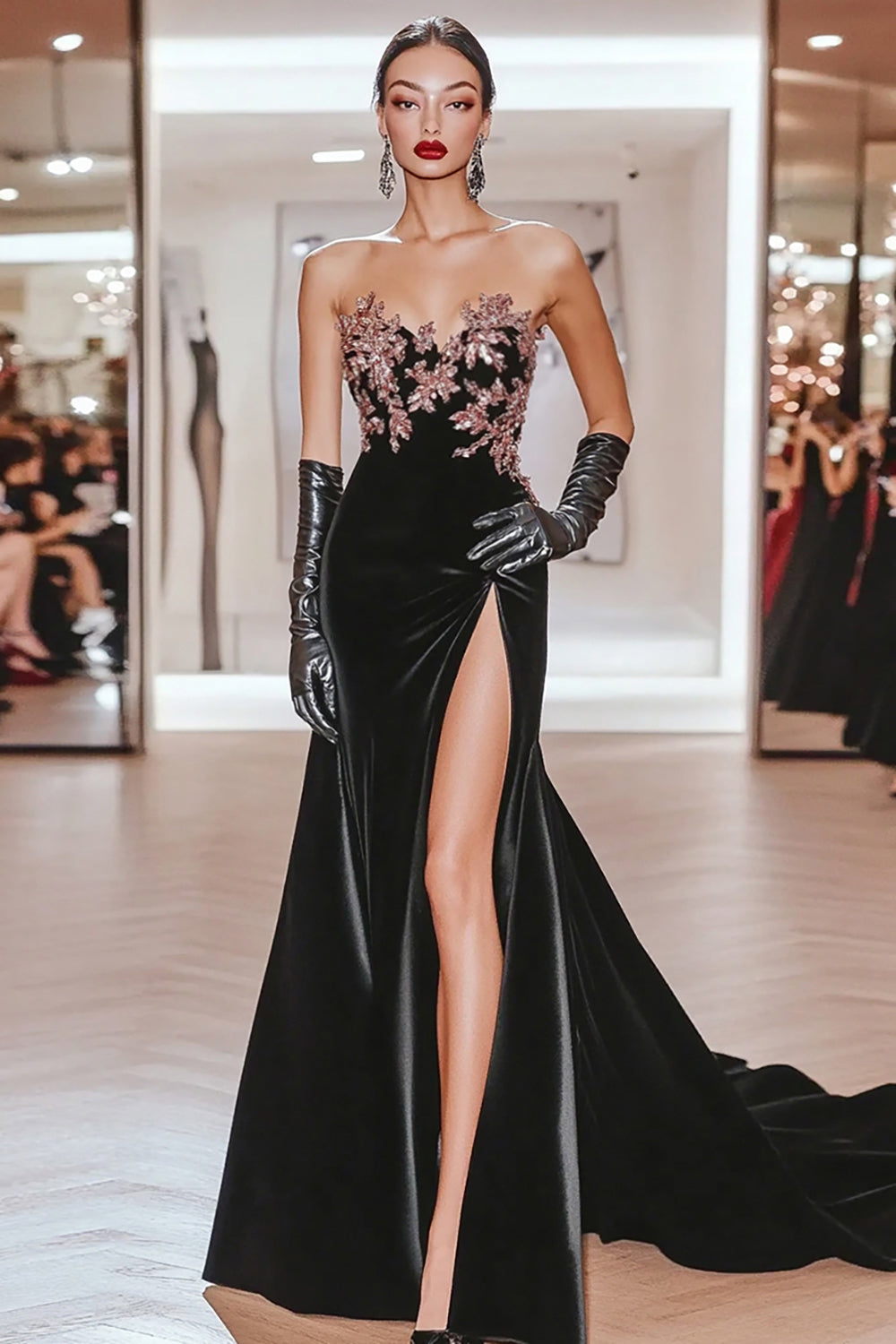Long Black Satin Prom Dress with Sweetheart Neckline and Mermaid Applique Featuring a Slit