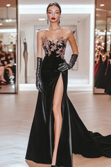 Long Black Satin Prom Dress with Sweetheart Neckline and Mermaid Applique Featuring a Slit
