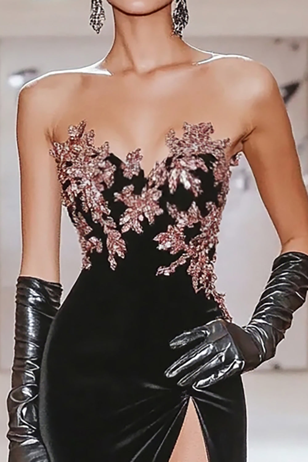 Long Black Satin Prom Dress with Sweetheart Neckline and Mermaid Applique Featuring a Slit