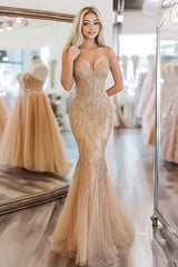 Long Sequined Prom Dress in Golden Sweetheart Mermaid Tulle