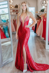 Long Sweetheart Prom Dress in Sparkly Red Mermaid Sequins Featuring a Slit